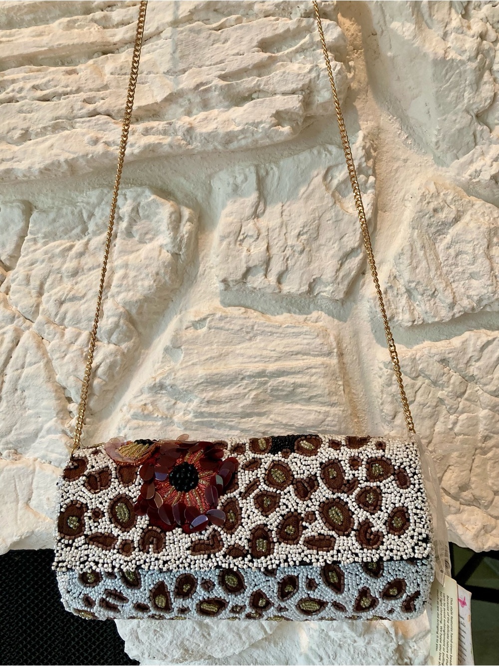 NWT “Handcrafted in India” flap front glass beaded leopard print pattern clutch